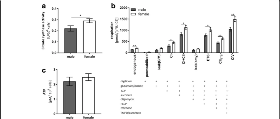 Fig. 2 a± SEM;PBMCs = peripheral blood mononuclear cells.SEM;cells.units (IU) of citrate synthase activity Mitochondrial content marker CS activity was significantly higher in isolated PBMCs of females than those of males