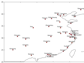 Figure 1. Map of the 34 cities/urban clusters (population over 3 million, 2010 census) with available data (observational and model ensem-bles), used in this evaluation.