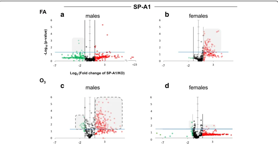 Fig. 1 Volcano plots indicating the statistical significance of SP-A1 AM miRNome expression levels compared to SP-A KO under FA or OBonferroni correctedcompared to KO