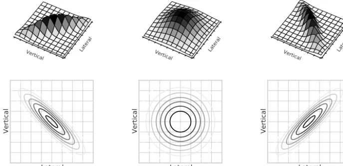 Figure 2. Example of bivariate function (Eq. 1) for equal parameters µy, µz, σy, σz, and A, but varying correlation values as ρ = −0.9,ρ = 0, and ρ = 0.9, respectively, from left to right