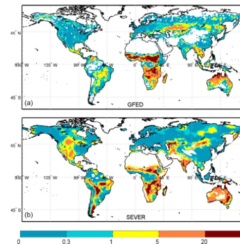 Figure 5. Mean annual burned fraction (percentage) over 1997–2006. (a) GFED; (b) SEVER-FIRE.