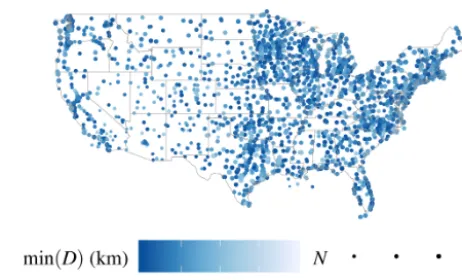 Figure 1. ASOS ceilometers used for CBASE z evaluation. Thesize of the marker indicates the number of satellite–ceilometer zcoincidences during the year 2007