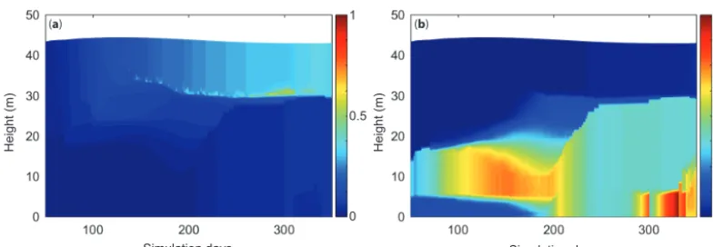 Figure 12. Example simulations with tracers demonstrating inﬂow insertion example for the case in which (a) the inﬂow was set as a surfaceriver inﬂow and subject to the insertion algorithm (Eqs