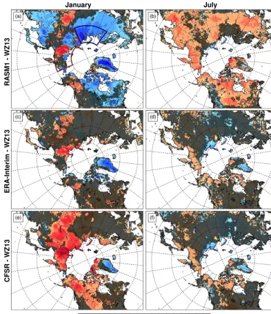 Figure 4. The bias in 2 m surface air temperature (SAT, ◦C) in (a, b) RASM1, (c, d) ERA-Interim, and (e, f) CFSR from that of the Wang andZeng (2013) dataset in January (left) and July (right) for 1990–2009