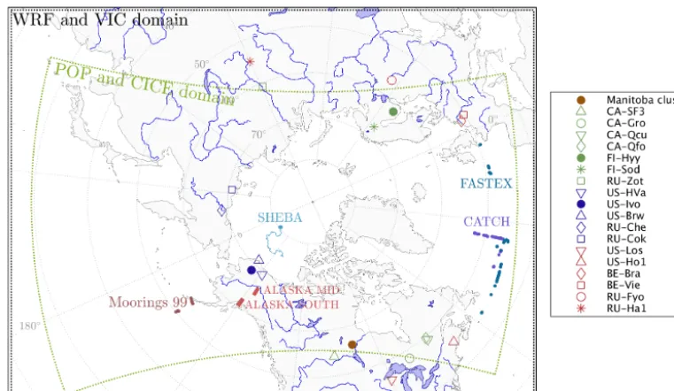 Figure 1. The RASM1 domains for the atmosphere (WRF) and land models (VIC) and for ocean (POP) and sea ice (CICE) models