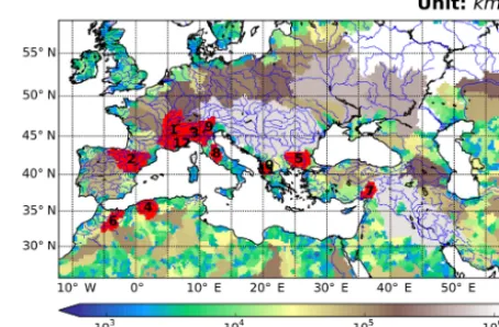 Figure 1. Extended simulation domain. The main watersheds arecolourized as a function of maximum upstream area (km2)