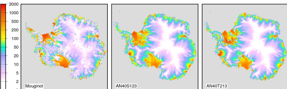 Figure 11. Observed velocity (Mouginot et al., 2017) against modelled velocity on the 40 km grid