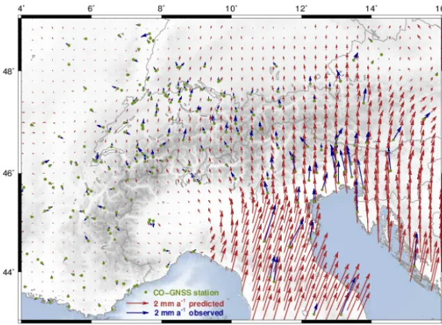 Figure 9. GNSS-inferred horizontal deformation model of the Alpine region. Red arrows represent the predicted surface deformation