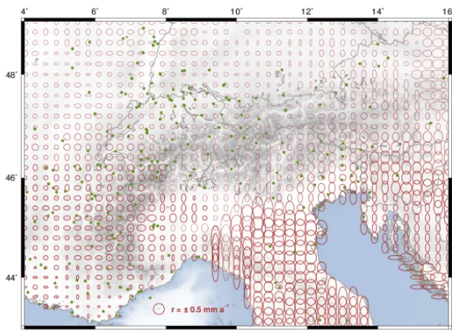 Figure 10. Estimated uncertainty (95 % conﬁdence) of the GNSS-based horizontal deformation model of the Alpine region
