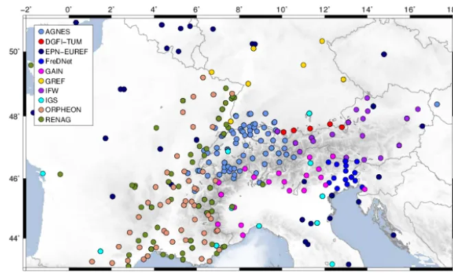 Figure 2. CO-GNSS stations processed for the estimation of the surface kinematics in the Alps