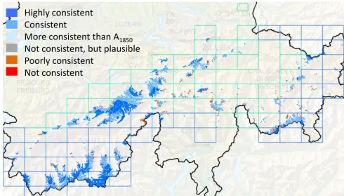 Table 2. Large-scale validation of the digitized glacier outlines shown, as an example, for AS,ﬁrst.