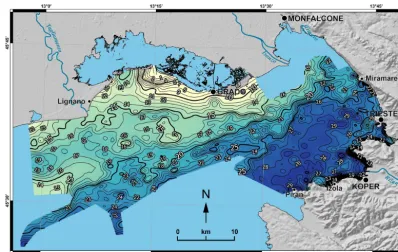 Figure 7. Map of the depth of the base of the Holocene marine sediment in metres.