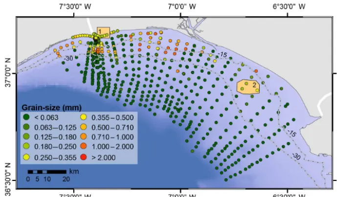 Figure 7. Surface mean grain size within the sampled continental shelf and adjacent beaches with evident problems of land loss