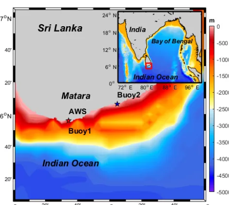 Figure 1. Observation deployment locations and topography (m).The distance between AWS and Buoy1 is less than 1000 m.