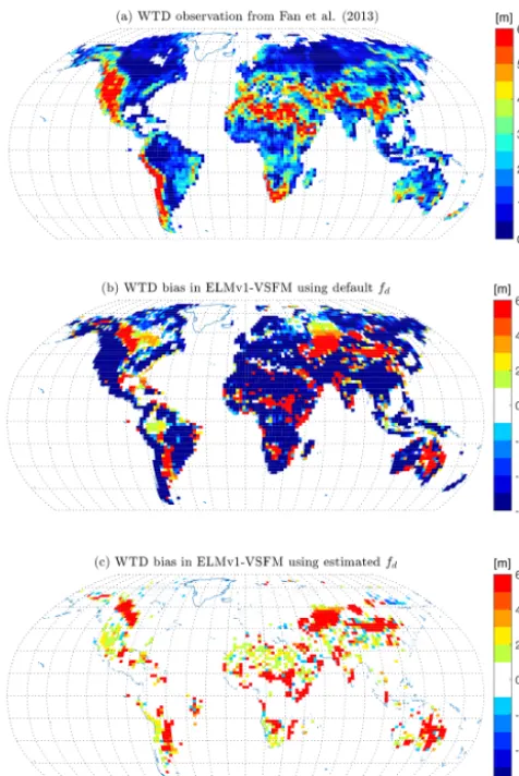 Figure 7. (a) Annual range of water table depth for ELMv1-VSFMsimulation with spatially heterogeneous estimates of fd and (b) dif-ference in annual water table depth range between simulations withoptimal and default fd.