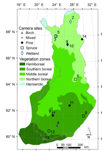 Figure 1. Sites in the phenological camera network, status end of2016. Numbers refer to sites in Table 1