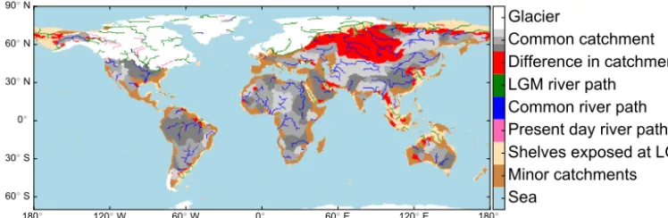 Figure 7. Comparison of the most signiﬁcant rivers at the LGM and present day generated by the method described in this paper using theICE-6G_C reconstructed orography for the LGM