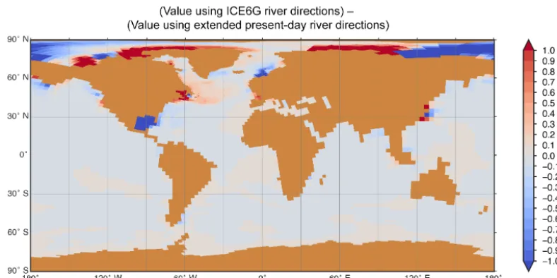 Figure 10. Changes in the surface ocean salinity between simulations run in the MPI-ESM model of the LGM using extended present-dayriver directions and using dynamic river directions