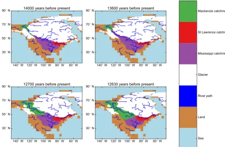Figure 11. Comparison of rivers generated using the method presented here for four times during the last deglaciation using the ICE-6G_Corography reconstruction