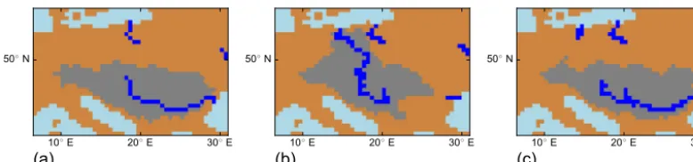Figure 2. Comparison of the Danube catchment showing the catchment (grey area) and rivers with a total cumulative inﬂow greater than orequal to 75 cells (blue cells) derived from (a) manually corrected 0.5◦ HD model river directions as a reference, (b) automatically generatedriver directions for a 10 min grid and (c) automatically generated river directions for a 10 min grid once height corrections have been appliedto a few selected cells in the orography.