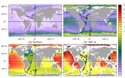 Figure 6. The dissolved thorium-230 activity at four depth levels (mBqm−3); observations as discs on the same colour scale.