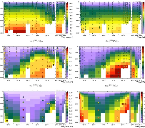 Figure 8. Radionuclide concentrations at the GA03 North Atlantic GEOTRACES transect. Panelstrations, panels (a) and (b) display dissolved concen- (c) and (d) show the amounts on small particles, and panels (e) and (f) those on big particles