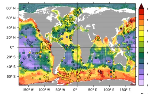 Figure 10. Sedimented 231Pa/230Th ratio. Top core measurementsare presented as coloured discs