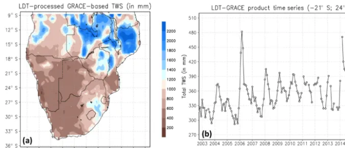 Figure 6. Examples of LDT-processed GRACE-based total TWS (in mm).region for February, 2011 and (a) Plot of the LDT-processed TWS data for the southern African (b) a time-series plot of the TWS data for years 2003–2015 and latitude of −21◦ S and longitude of 24◦ E.