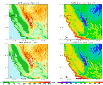 Figure 7. Examples of LDT-processed SRTM elevation parameter (in meters) at both (a) 12.5 km and (c) 1 km resolutions