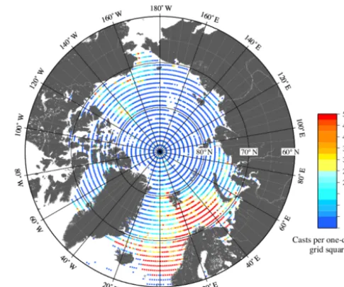 Figure 2. Data density of Arctic Ocean casts in WOD13. Areasleft white indicate no data
