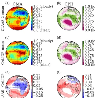 Figure 2. Spatial distribution of the cloud fraction from CLAAS-2 level 2different scaling in (a) and CALIOP (c) and the fraction of ice clouds (b and d).The bottom row shows the absolute difference in CLAAS and CALIOP for the cloud fraction (e) and the fr