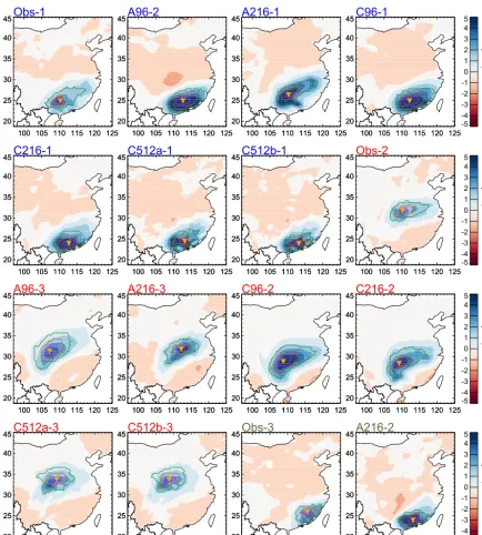 Figure 8. Observed (Obs) and simulated EOT patterns corresponding to Obs-1 (blue labels), Obs-2 (red labels), and Obs-3 (gray labels).Shading shows regressions of MJJASO precipitation against the normalized EOT time series