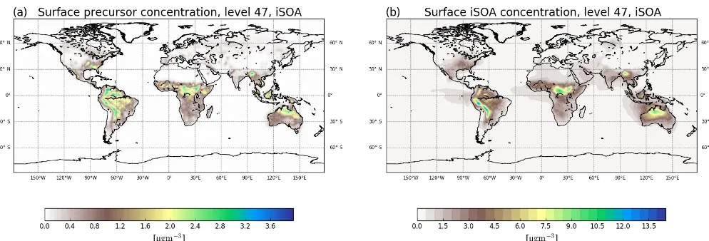 Figure 2. Global surface layer maps showing the iSOA precursor gas-phase concentration ininaerosol phase ( (a) and the aerosol-phase iSOA concentration (b) as annual averages for 2012 in µgm−3