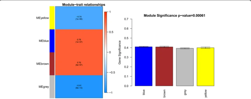 Fig. 2 Results of the weighed gene co-expression network analysis (WGCNA) module and trait correlation analysis