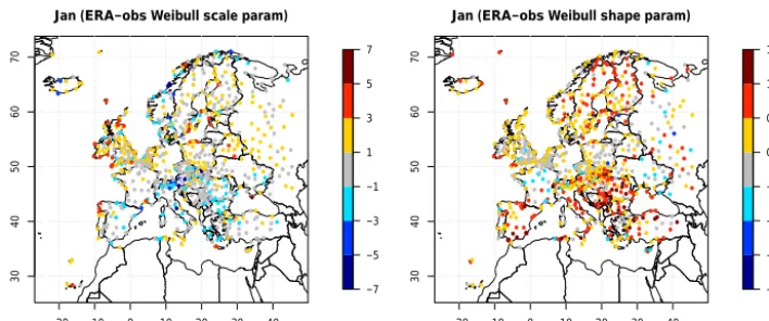 Figure 1. Differences in scale and shape parameters of the Weibull distribution between ERA-Interim and HadISD station observations forwind speed at 10 m