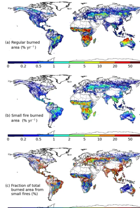 Figure 1. Average burned area over 2003–2016 from (a) MODISsurface reﬂectance imagery (MCD64A1) and (b) small ﬁre burnedarea