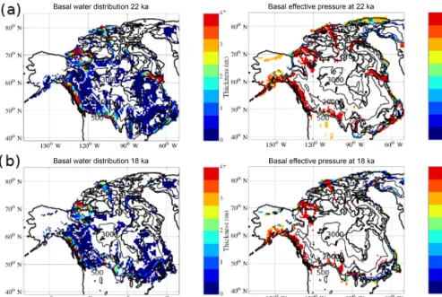 Figure 5. Basal water proﬁles for (a) 22 ka when the total water volume is high (mean thickness: 1.0644±2.8317 m; max thickness: 86.40 m),and (b) 18 ka, after a large reduction in total basal water volume (mean thickness: 0.6918±1.3160 m; max thickness: 24
