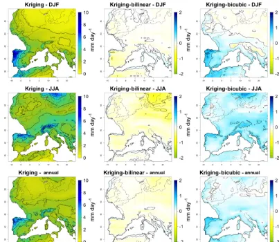 Figure 7. Mean distributions of downscaled daily precipitation over western Europe during the LGM for winter (December, January, Febru-ary), summer (June, July, August) and the whole year, computed over 50 years for the kriging interpolation technique, and