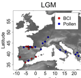 Figure 1. Study area and locations of the sites used for reconstruct-ing local climate variables estimated on the basis of pollen and ver-tebrate fossils, used for the evaluation of the method