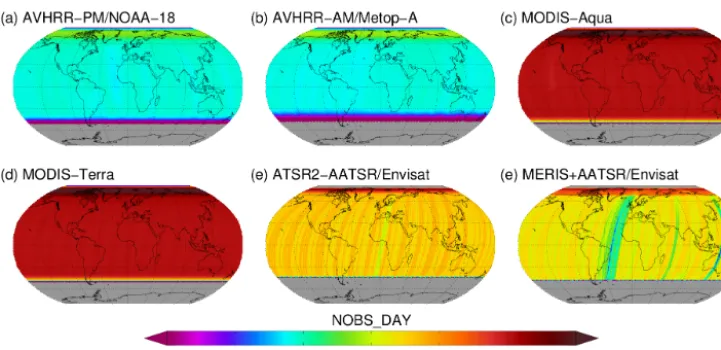 Figure 3. Number of daytime observations (pixels) per 0.5shown because no night-time observations are included in MERIS◦ grid cell for June 2008 and (a) AVHRR-PM/NOAA-18, (b) AVHRR-AM/Metop-A, (c) MODIS-Aqua, (d) MODIS-Terra, (e) AATSR and (f) MERIS+AATSR