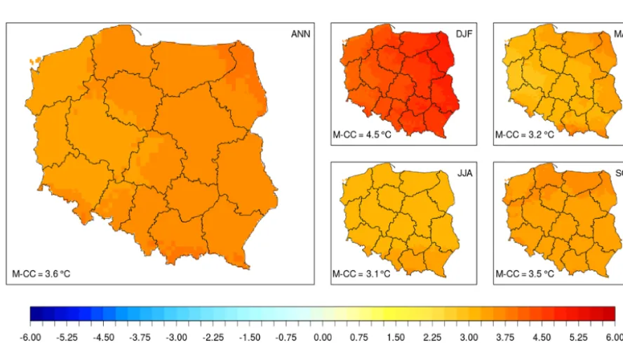 Figure 7. Projected temperature changes (seasonal◦C) for the far future (2071–2100) assuming the RCP4.5 scenario