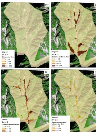 Figure 13. Distributions of Cv at different times during the storm event: (a) clear water ﬂow; (b) initiation of debris ﬂows; (c) channelizeddebris ﬂows; and (d) post hyperconcentrated/clear water ﬂow.