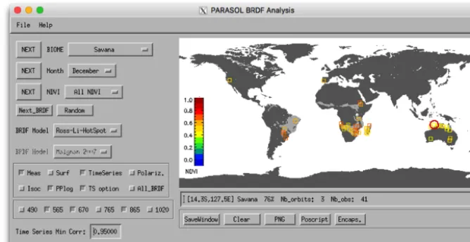 Figure 1. Main Command window (MCW) of the visu_BRDF analysis tool. Various buttons and drop-down menus permit the selection of agiven target and various display options as described in the text