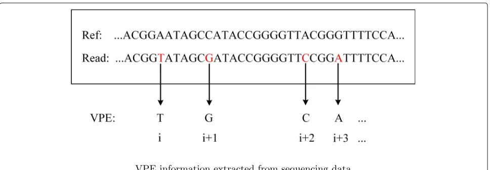 Fig. 1 Extracting a VPE from a pair of mapped reads. When a read-pair is mapped to the reference genome, the corresponding VPE consists of thesites with variants