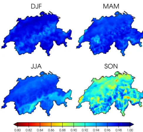 Figure 8. Correlation maps between the daily series of precipitationin the raw WRF-CESM simulation and the output of the bias cor-rected