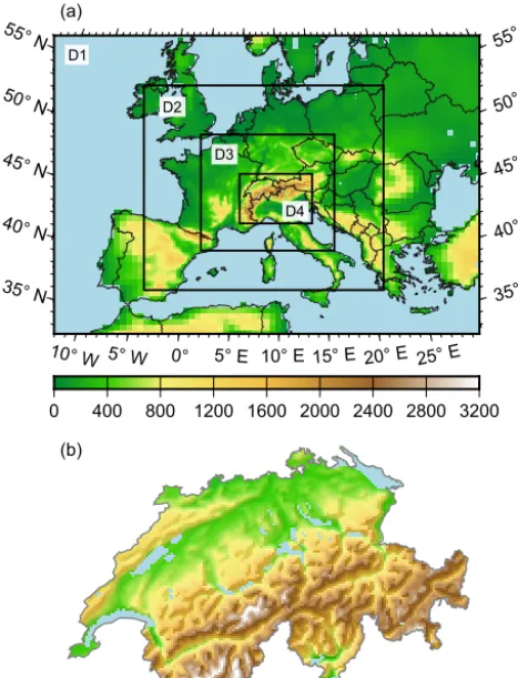 Figure 1. (a) Conﬁguration of the four nested domains used in boththe Weather Research and Forecasting model driven by the ERA-Interim reanalysis (WRF-ERA) and by the Community Earth Sys-tem Model (WRF-CESM) simulations