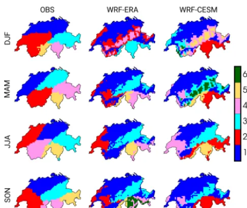 Figure 2. Regions obtained from the cluster analysis described inSect. 3. The maps correspond to the 12 possible combinations, 3 foreach dataset (OBS, WRF-ERA and WRF-CESM) and 4 for eachseason