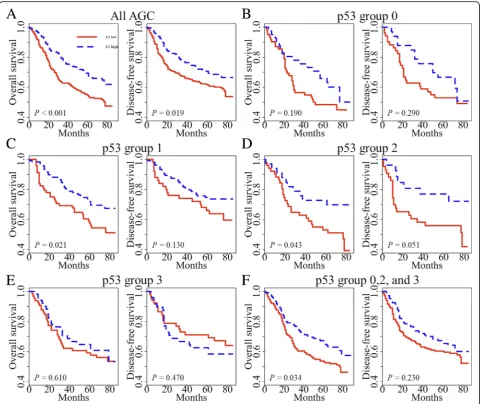 Fig. 3 Kaplan–Meier survival curves were compared between two groups using a log-rank test to determine difference of patient survivalaccording to L1 methylation status in each p53 expression group
