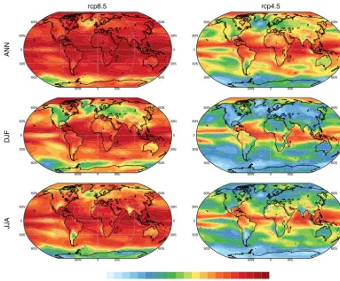 Figure 9. Ensemble mean annual average difference inthe ratio of local / global linear trend over the 21st century (2006– ◦C/◦C in2100) between rcp8.5 and rcp4.5.