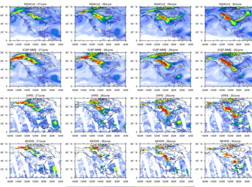 Figure 3. Smoke event of 27 June to 6 July 2015 from NGACv2 and ICAP forecasts and VIIRS and MODIS satellite observations.